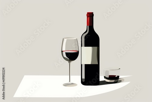  a bottle of wine and a glass of wine are sitting on a table with a shadow of a wine glass.