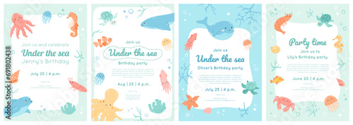 Set of under the sea birthday invitations templates. Kids party banner design with border of cute ocean animals, fish, dolphin, shrimp, octopus. Cartoon characters frame. Vector illustration.