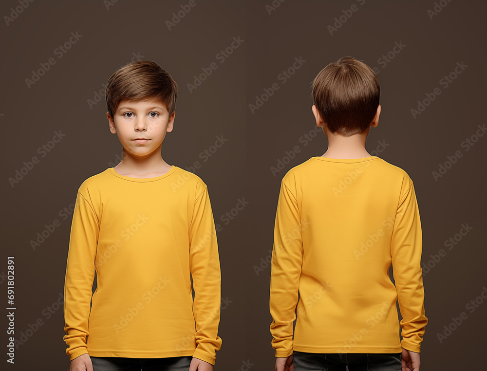Front and back views of a little boy wearing a yellow long-sleeve T-shirt Front and back views of a little boy wearing a yellow long-sleeve T-shirt