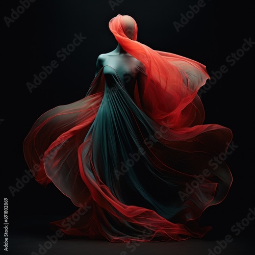  a woman in a red and blue dress on a black background with a long flowing dress on top of her head.