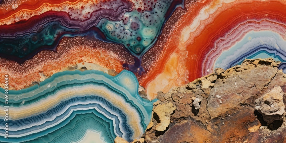  a close up of a rock with many different colors of paint on it and a rock outcropping in the foreground. - obrazy, fototapety, plakaty 