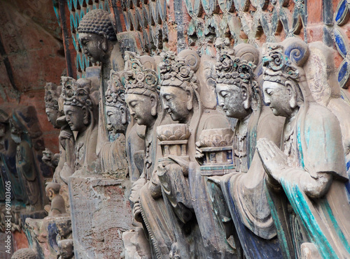 Many buddha sculptor carvings at Dazu carving hill,Chongqing,China photo