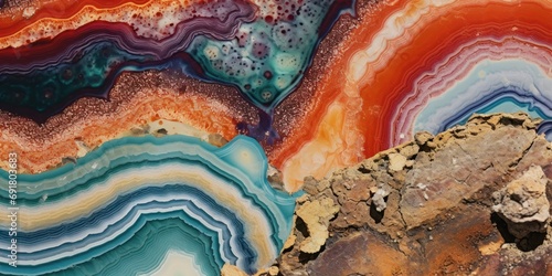  a close up of a rock with many different colors of paint on it and a rock outcropping in the foreground.