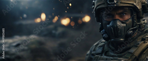 A cyborg soldier fighting in a warzone movie story seen trail cam footage, bokeh, particles photo