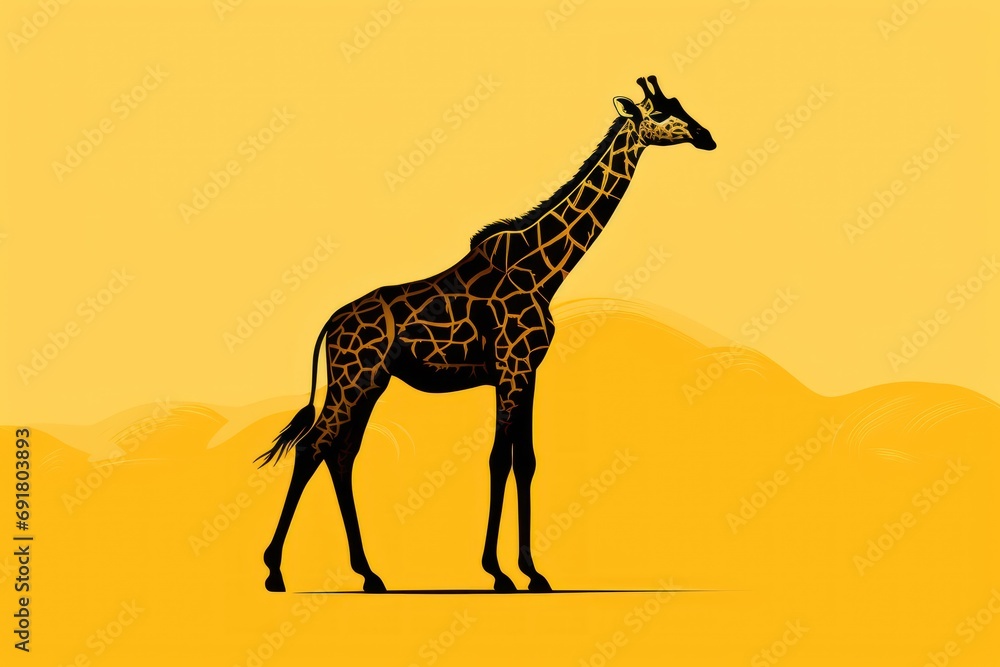  a giraffe standing in the middle of a desert area with a yellow sky in the background and clouds in the foreground.