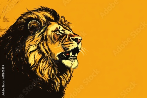  a close up of a lion's face on a yellow background with a black and white image of a lion.