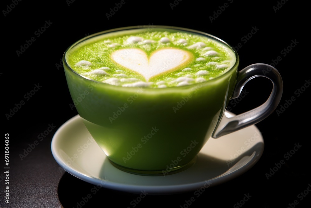 a cup of green liquid with a heart drawn in the foam on the top of it on a saucer. a cup of green liquid with a heart drawn in the foam on the top of it on a saucer.