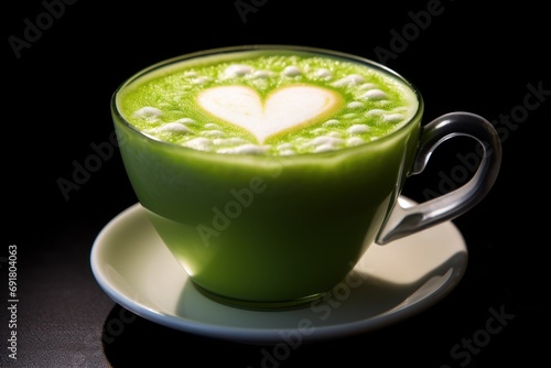  a cup of green liquid with a heart drawn in the foam on the top of it on a saucer.