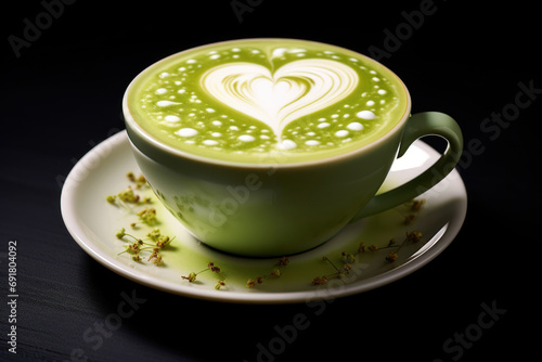  a cup of green liquid with a heart in the foam on a saucer on a plate with sprinkles.