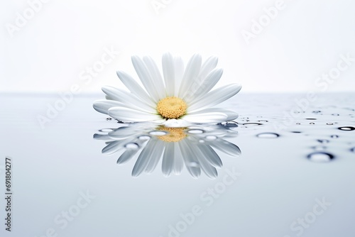  a white flower with a yellow center sitting on top of a body of water with drops of water around it. © Shanti