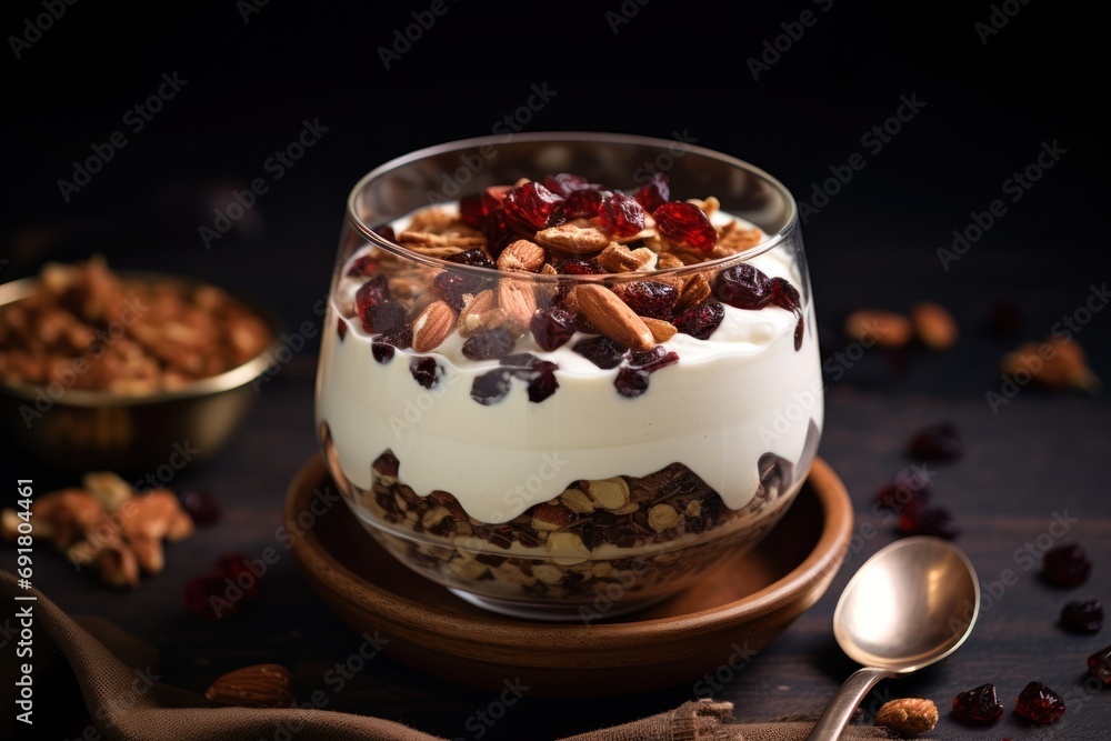 a bowl of yogurt, granola, and cranberries on a wooden plate with a spoon. a bowl of yogurt, granola, and cranberries on a wooden plate with a spoon.