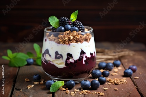  a close up of a dessert in a glass on a wooden table with blueberries and granola on top.