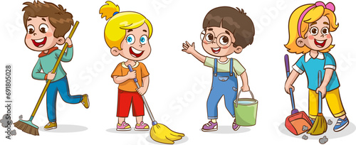 Vector illustration of Cartoon Kids Cleaning with Mop and Broom