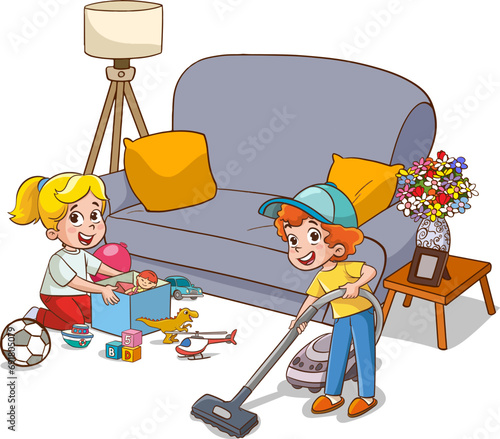 Vector illustration of Cartoon boy and girl cleaning the living room with vacuum cleaner