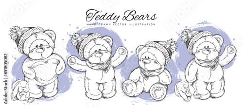 Set of cute hand drawn teddy bears in hats and scarfs sketch style
