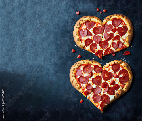 pizza heart love on black background with copy space, banner with free space. Generative AI