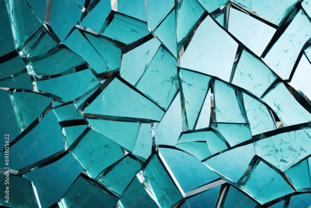  a close up of a glass wall with many pieces of broken glass in the middle of the wall and a blue sky in the background. - obrazy, fototapety, plakaty 