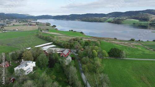 Rein Church And Reins Kloister On The Shore Of Botn Lake In Indre Fosen, Trondelag, Norway. aerial shot photo