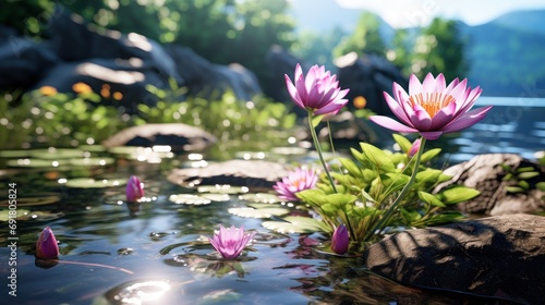  a group of water lilies floating on top of a body of water next to rocks and a lush green forest.