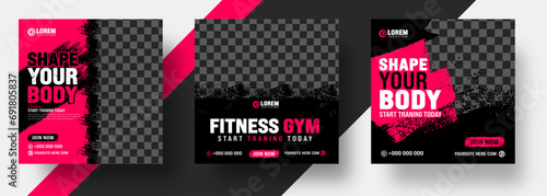 watercolor paint brush strokes texture Fitness gym social media post banner template with black and red color. Grunge brush stroke effect Workout fitness and Sports social media post banner bundle. photo