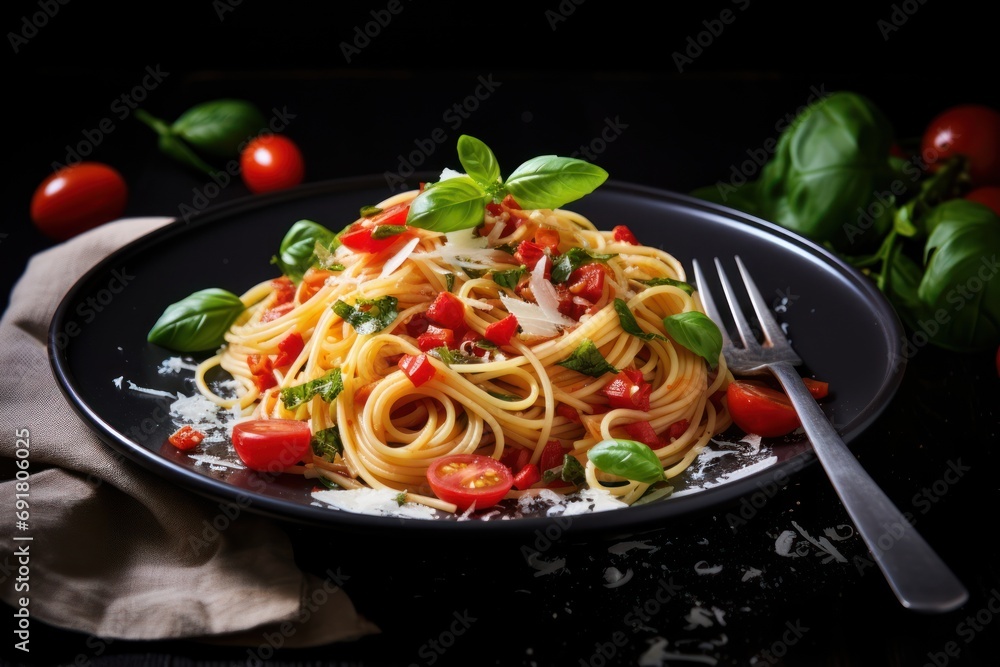 a plate of spaghetti with tomatoes, basil, and parmesan cheese on a black plate with a fork. a plate of spaghetti with tomatoes, basil, and parmesan cheese on a black plate with a fork.