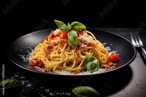  a plate of spaghetti with basil, tomatoes, and parmesan cheese on a black plate with a fork.