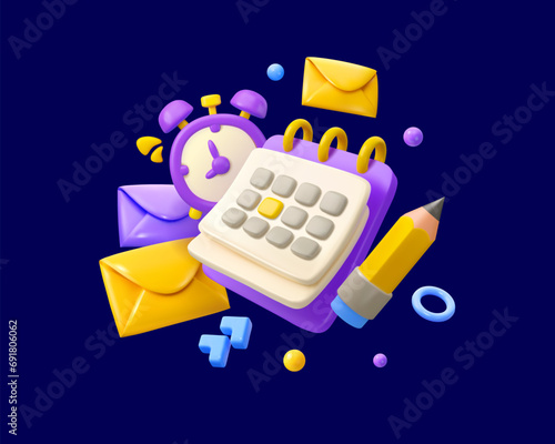 Vector 3d calendar with mail, pencil and clock icon design. Self-organization or special date idea. Content plan concept. Planning, organizer design composition isolated on dark background