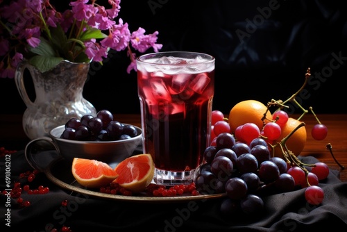  a glass of red wine next to a bowl of grapes and a bowl of oranges and grapefruits.