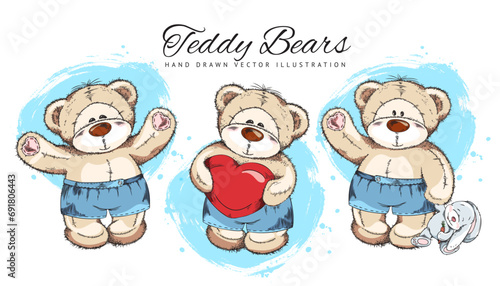 Cute teddy bears dressed in blue shorts, hand drawn sketch vector illustration isolated on white background.