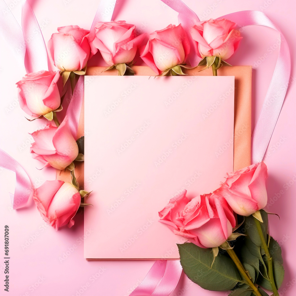 Postcard with a blank sheet surrounded by rose flowers on a pink background, template for congratulations on March 8, Valentine's Day or birthday
