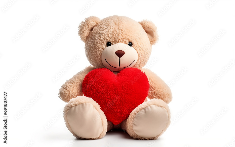 Fototapeta premium Teddy bear with red heart isolated on white background. Valentine day gift