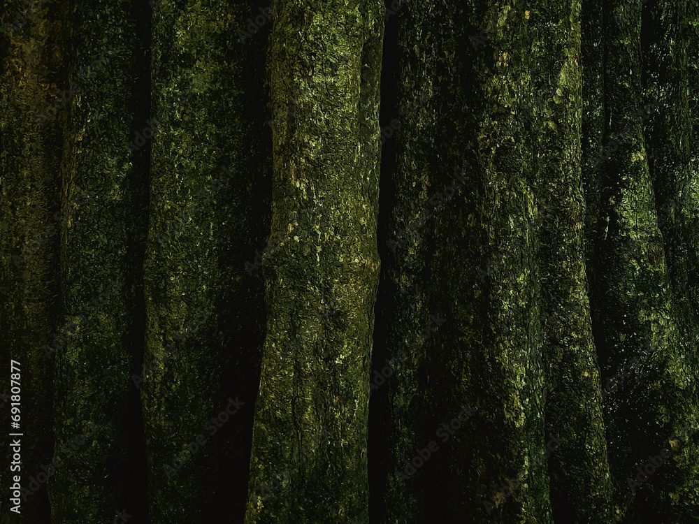 A tree trunk with a beautiful intricate design and texture of the bark, divided into vertical segments. A nature inspired background with a dark and moody tone.
 - obrazy, fototapety, plakaty 