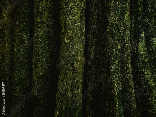 A tree trunk with a beautiful intricate design and texture of the bark, divided into vertical segments. A nature inspired background with a dark and moody tone. 