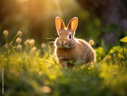 A rabbit on grass with the sun shining behind it. Generative AI.