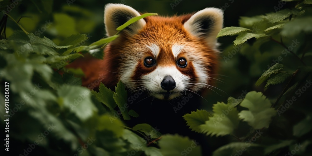 Obraz premium Red panda looks on, its face framed by dark foliage.