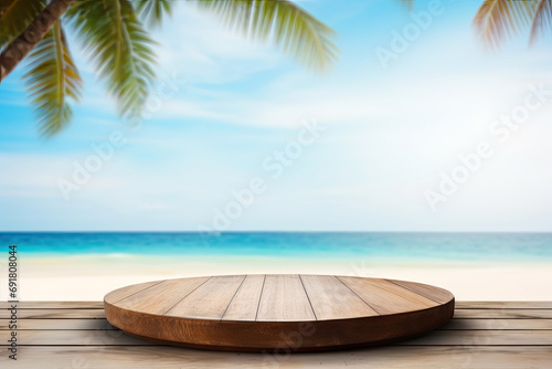 Empty round wooden podium platform over the blurred beautiful natural background for mock up and product presentation .