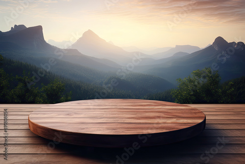 Empty round wooden podium platform over the blurred beautiful natural background for mock up and product presentation .