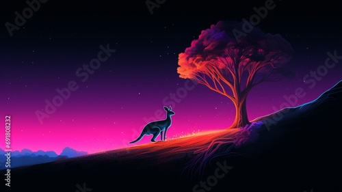 Kangaroo Neon light animal hill next tree AI Generated pictures photo