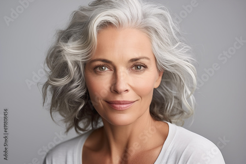 Portrait of an adult-aged beautiful woman with gray hair