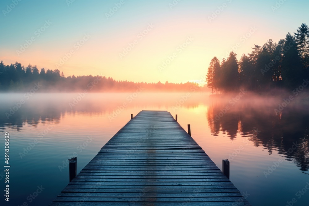  a dock in the middle of a body of water with trees in the background and a foggy sky in the foreground.