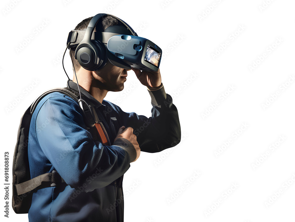 A futuristic architectural engineer, civil engineer wearing an augmented reality headset and overalls, transparent background. 