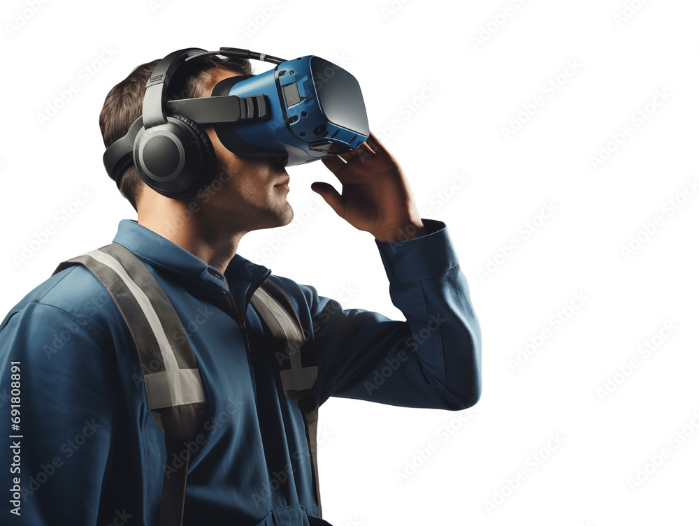 A futuristic architectural engineer, civil engineer wearing an augmented reality headset and overalls, transparent background. A futuristic architectural engineer, civil engineer wearing an augmented reality headset and overalls, transparent background.