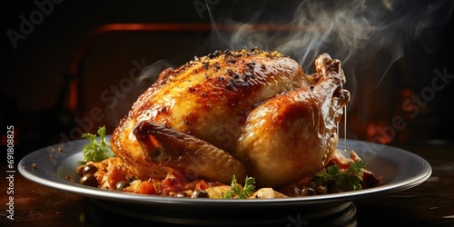 Golden roasted chicken rests on a plate, steam rising from its crisp skin.