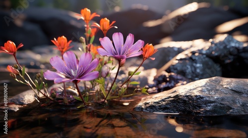  a close up of a bunch of flowers on a rock in a body of water with rocks in the background.