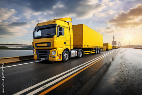  a yellow semi truck driving down a highway next to a body of water with a bridge in the back ground.