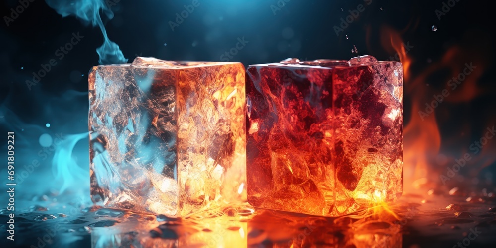 Two cubes embody fire and ice, contrasting energy and calm. - obrazy, fototapety, plakaty 