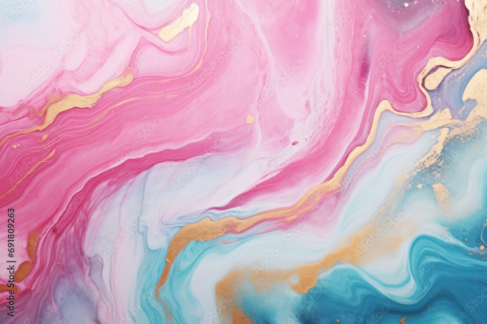  an abstract painting with gold, blue, pink, and white swirls on top of a blue and pink background.
