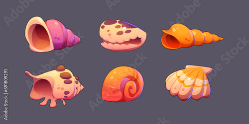 Sea shell and snail conch game icons. Cartoon vector illustration set of cute marine underwater seashell for game ui design. collection of bright nautical or aquarium horned, spiral and scallop clam.