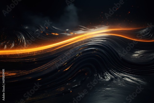  a computer generated image of a wave of orange and black lines on a dark background with smoke and light coming from the top of the waves. © Shanti