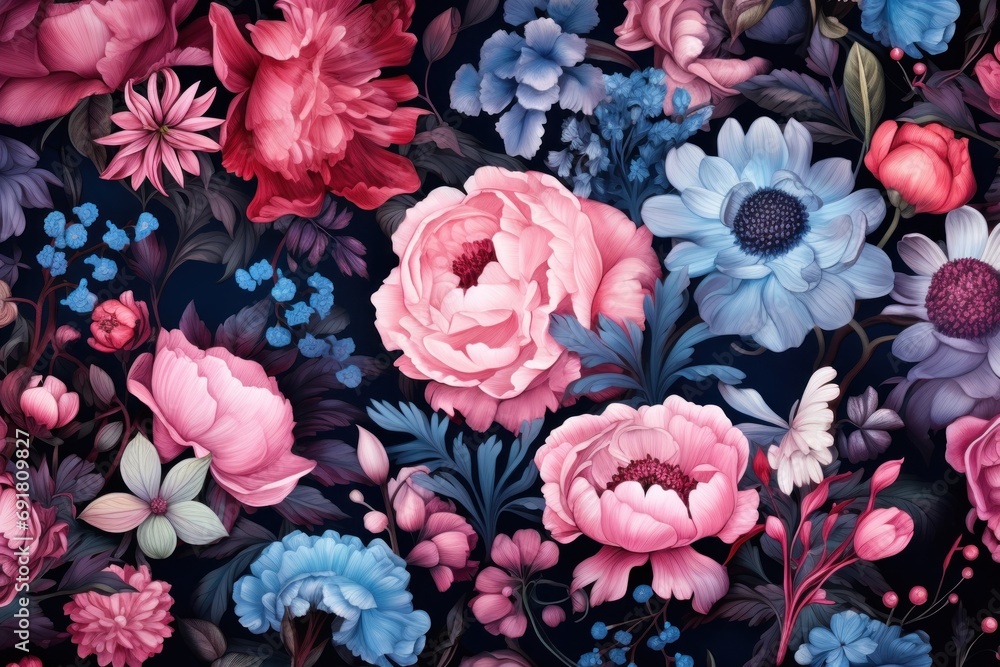  a close up of a bunch of flowers on a black background with pink, blue, and red flowers on it.